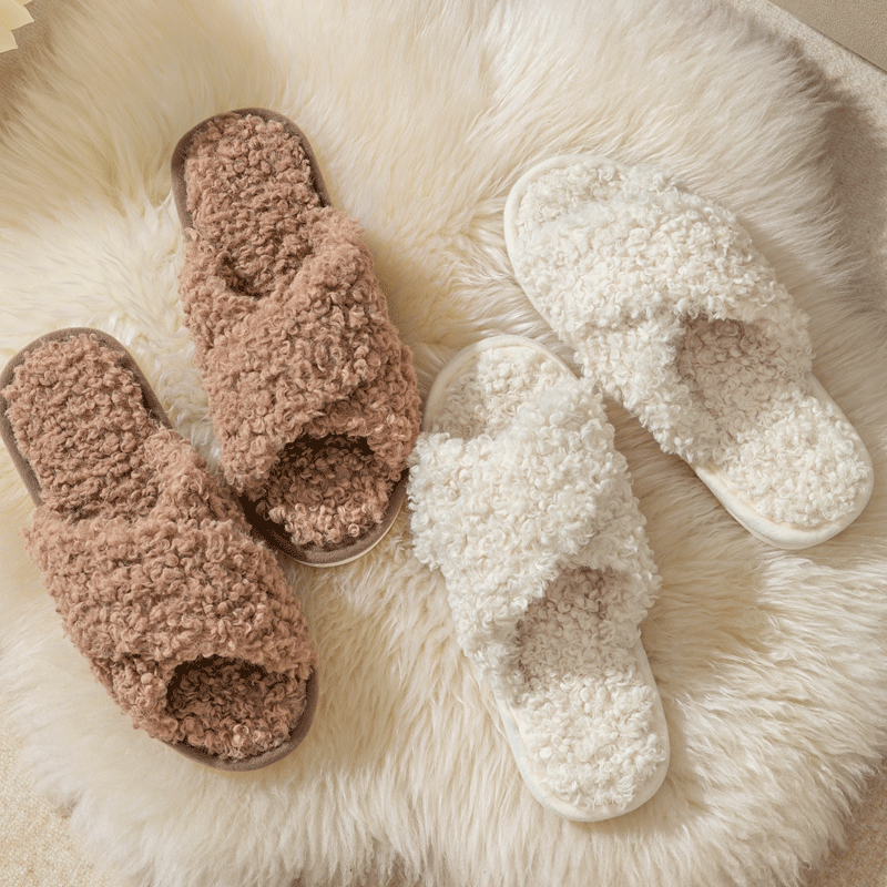 Bulk Winter Ladies's Dwelling Slippers - Open Toe Fur Fluffy Cross Plush Design