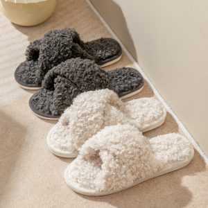 Bulk Winter Ladies’s Dwelling Slippers – Open Toe Fur Fluffy Cross Plush Design