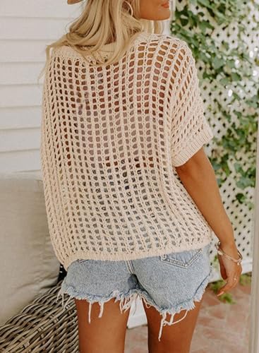 Dokotoo Ladies's Summer season Scoop Neck Brief Sleeve Sweater - Informal Crochet Hole-Out Knit Prime Pullover Seashore Cowl-Up