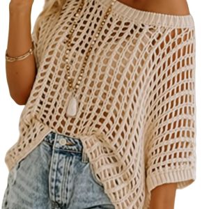 Dokotoo Ladies’s Summer season Scoop Neck Brief Sleeve Sweater – Informal Crochet Hole-Out Knit Prime Pullover Seashore Cowl-Up