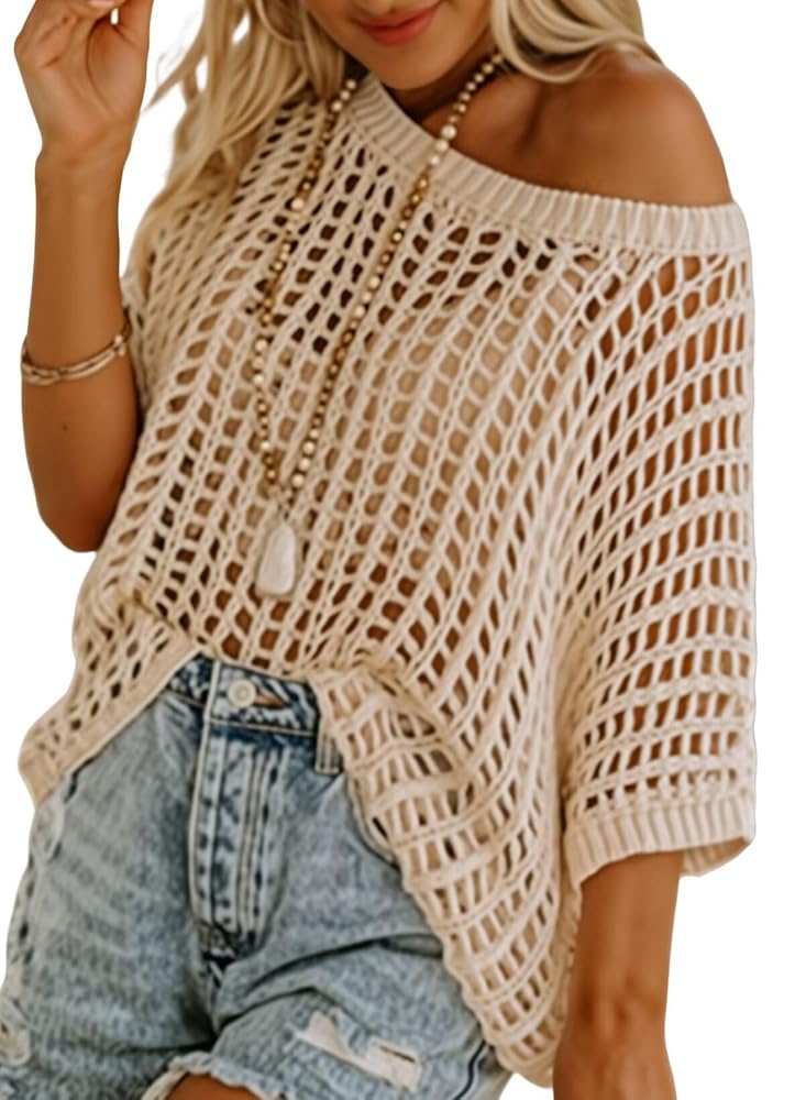 Dokotoo Ladies’s Summer season Scoop Neck Brief Sleeve Sweater – Informal Crochet Hole-Out Knit Prime Pullover Seashore Cowl-Up