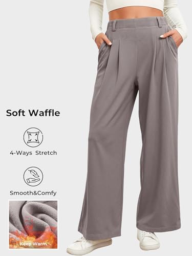 EVALESS Ladies's Broad Leg Pants - Excessive Waisted Elastic Waffle Knit Fleece Palazzo Trousers with Pockets