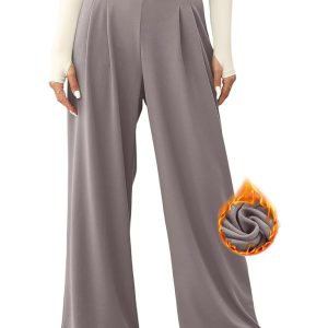 EVALESS Ladies’s Broad Leg Pants – Excessive Waisted Elastic Waffle Knit Fleece Palazzo Trousers with Pockets