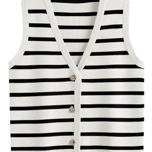 LILLUSORY Ladies’s Striped Sweater Vest – 2025 Spring Crochet Cropped Button-Up Work Tank High