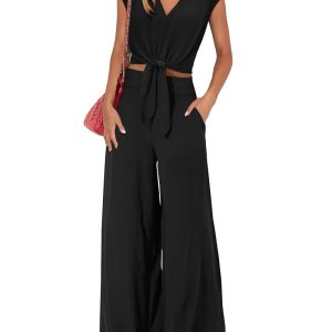 PRETTYGARDEN Ladies’s 2024 Summer time Two-Piece Set: Cap Sleeve V-Neck Crop Tops with Belt and Broad Leg Pants Informal Tracksuit