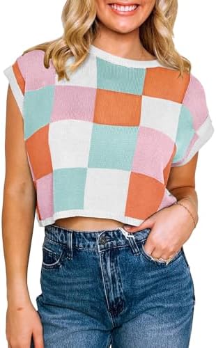 Saodimallsu Girls's Cap Sleeve Coloration Block Crop Prime - Stylish Informal Summer time Knit Sweater with Crew Neck for Going Out